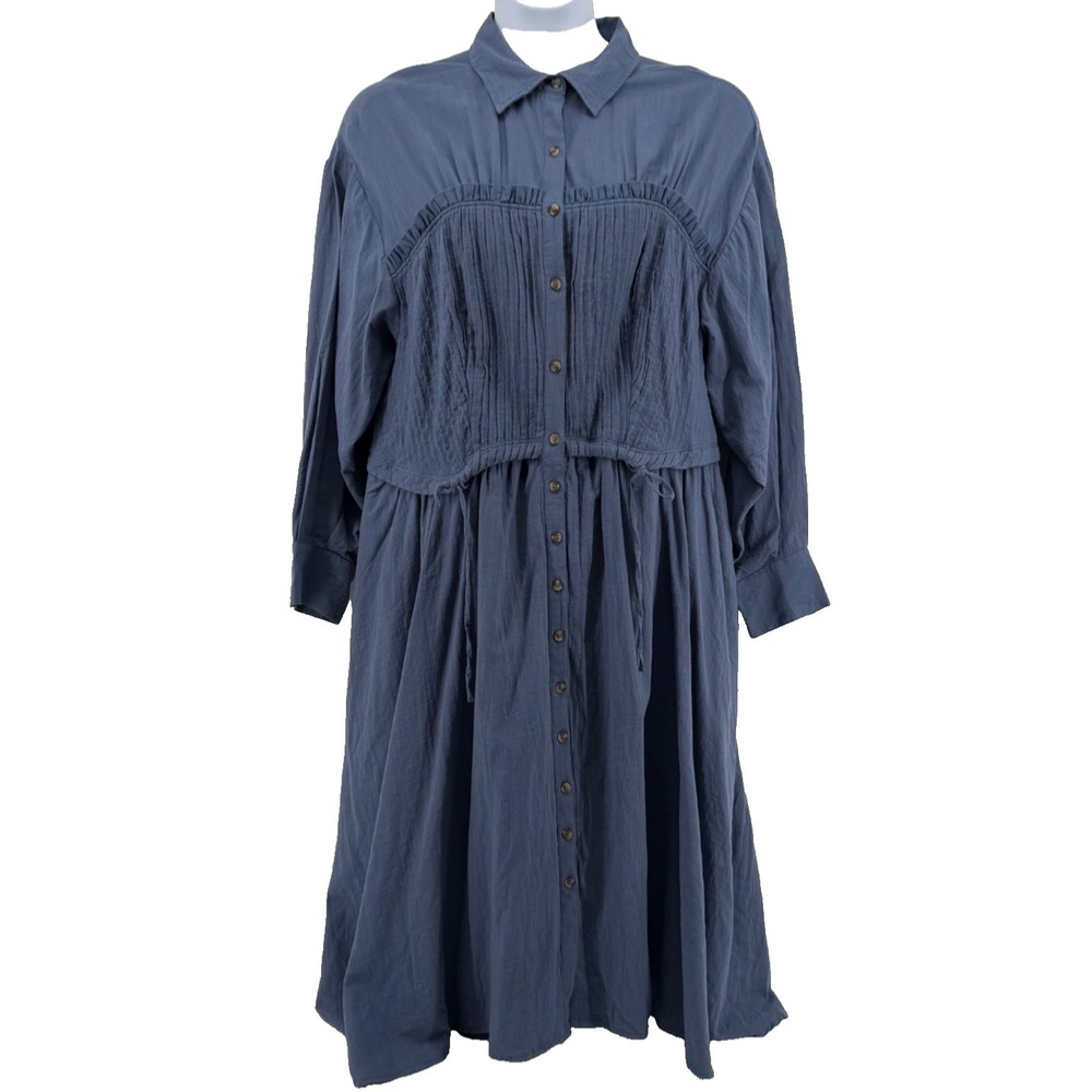 Pilcro Cotton Rayon Shirt Dress 1X Plus Blue Boho Prairie Midi NWT Anthropologie